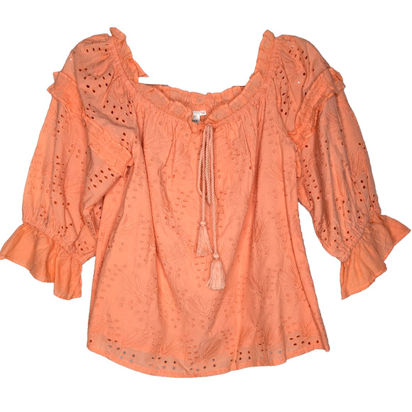 Anthropologie Jane Eyelet Lace Off Shoulder Peasant Prairie Cottage Blouse Coral - Picture 5 of 11